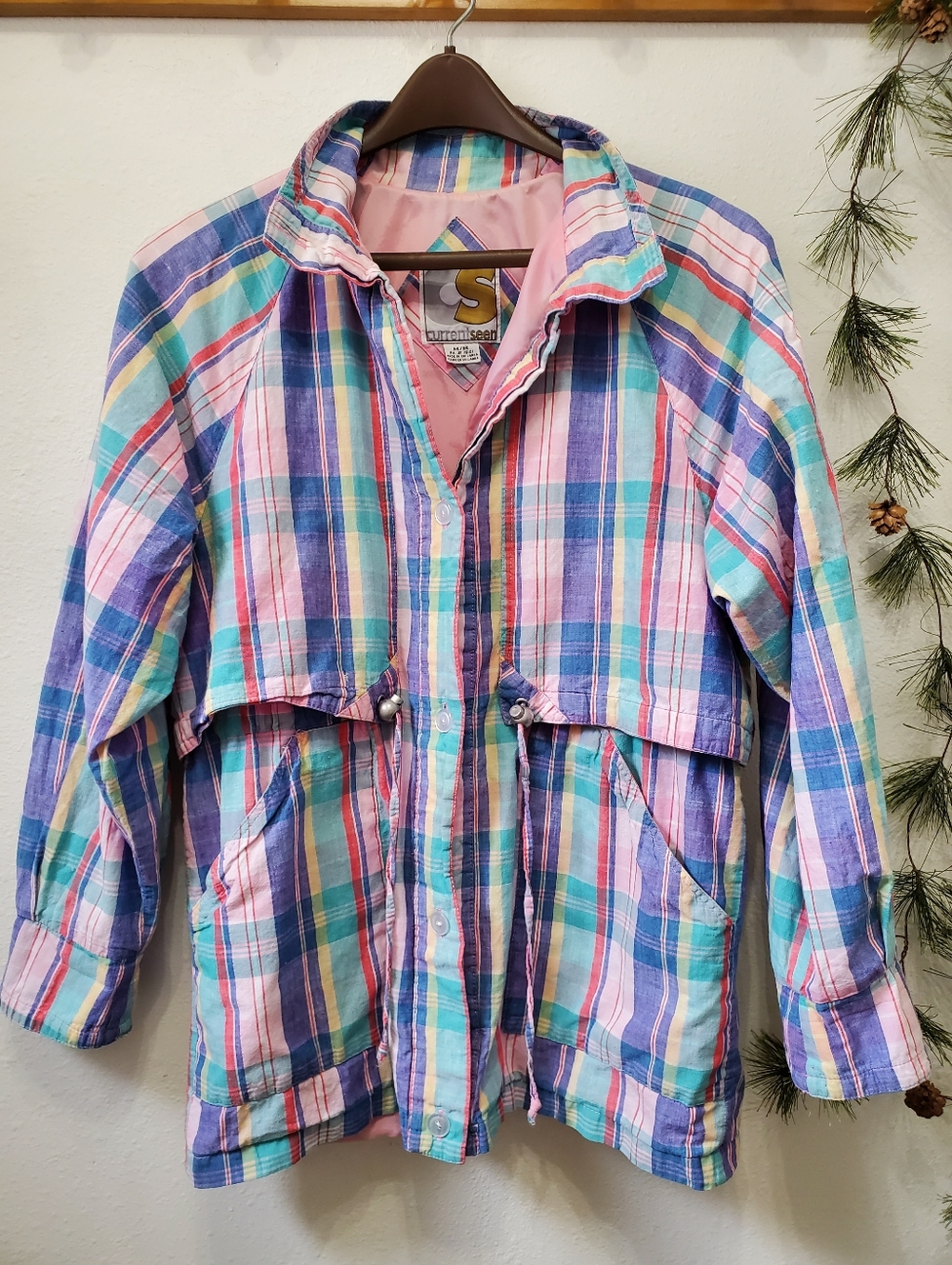 Currentseen Vintage 80s 90s Plaid Windbreaker Jacket Pastel Retro 